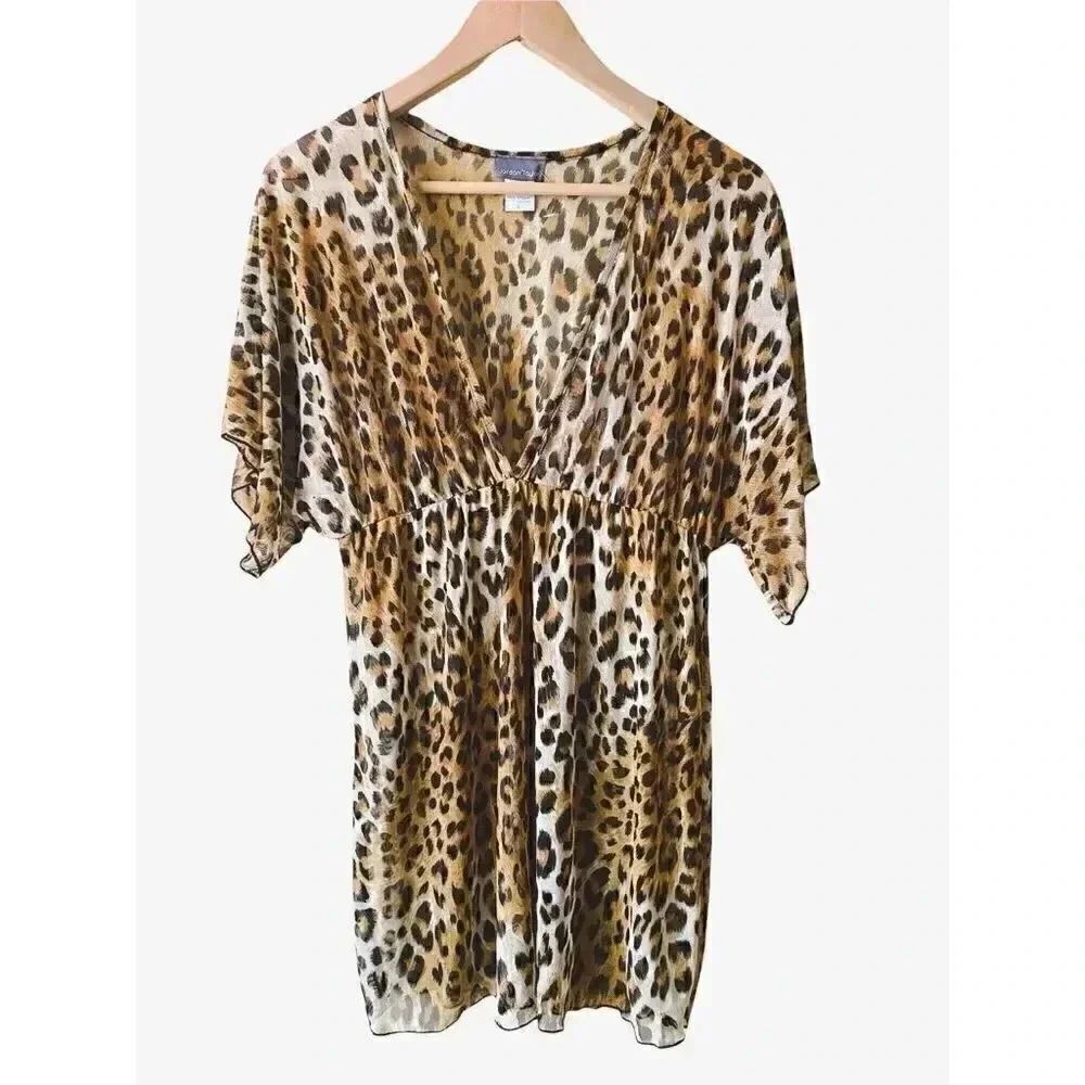 NWOT Jordan Taylor Cheetah Womens Sheer  V-Neck Elastic Waist Cover-Up